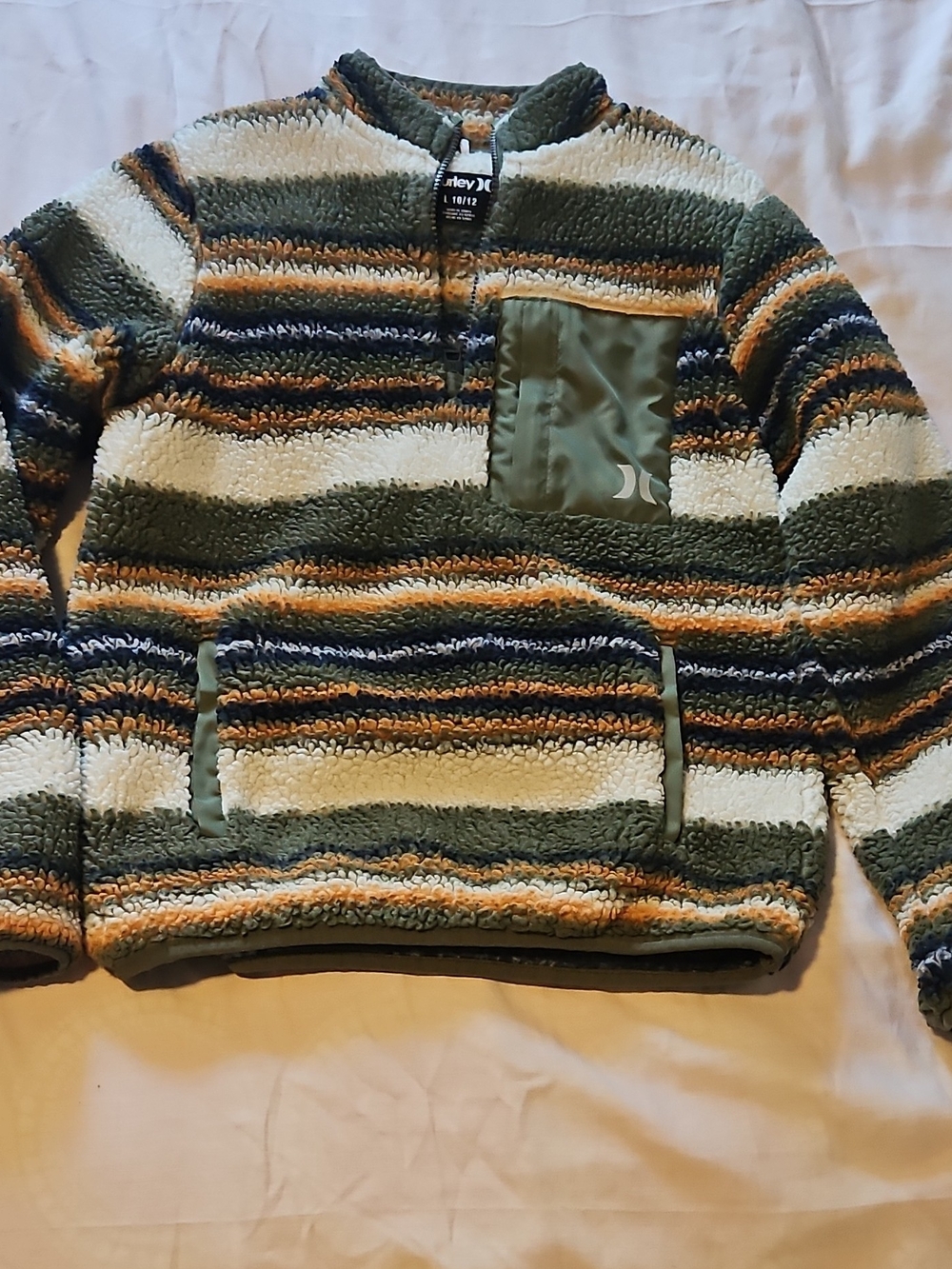 Hurley Striped Sherpa Zip Pullover - Green/White/Orange